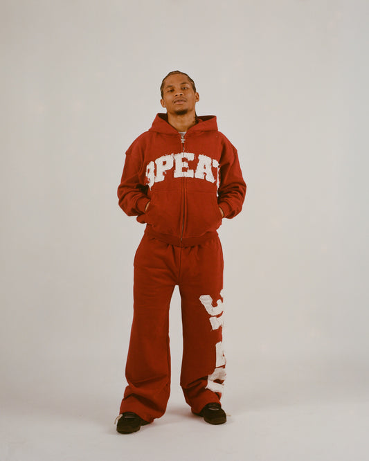RED VARSITY ZIPPER HOODIE